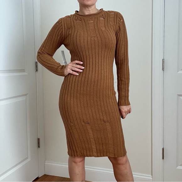 Rib Knit Long Sleeve Knee Length Body Con Dress - Picture 3 of 13